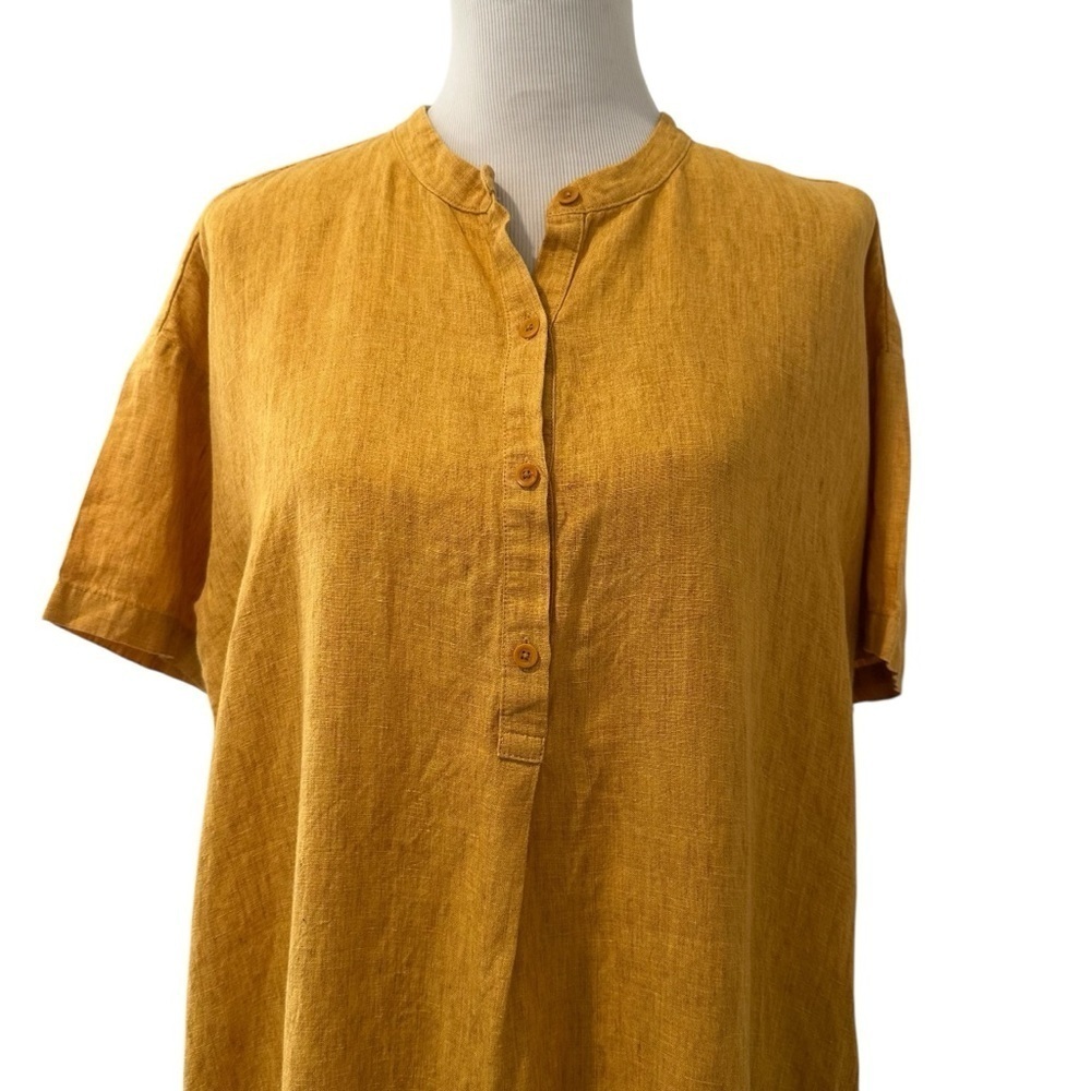 Eileen Fisher Mustard Yellow Button-Up organic linen short sleeve Dress - Picture 4 of 16
